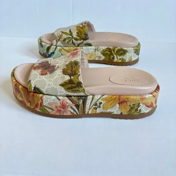 Gucci Angelina Platform Slide Sandals Beige GG Monogram Floral Canvas Size EU 38 - Picture 8 of 14